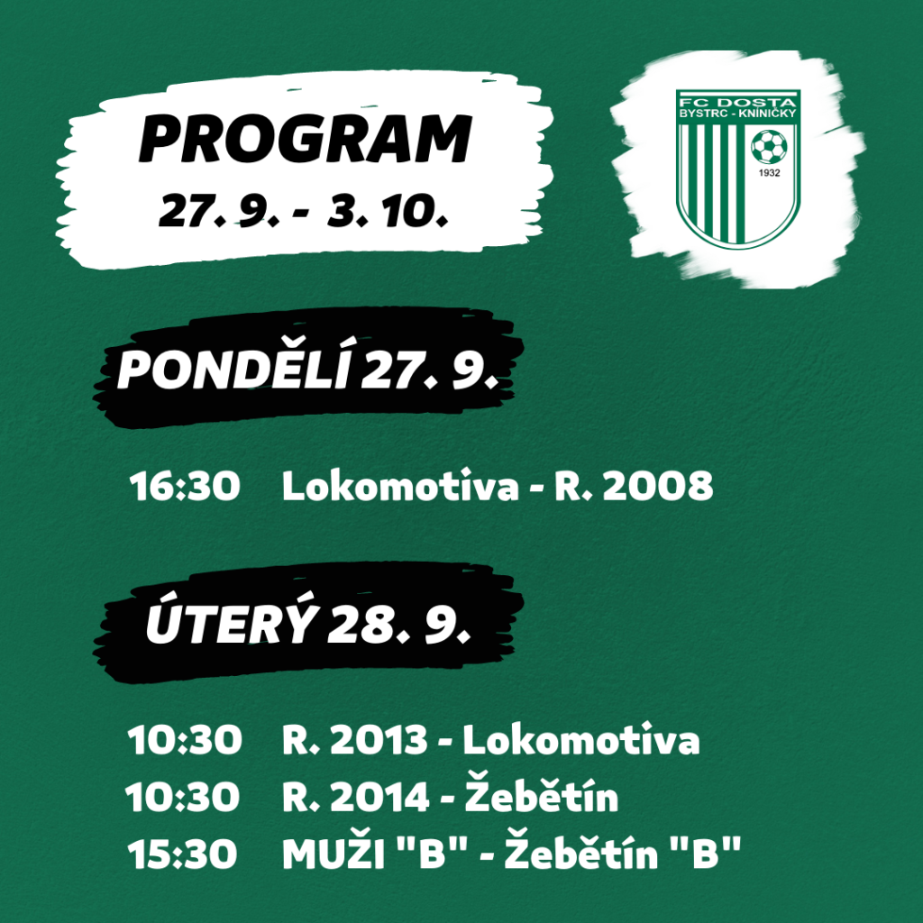 FC Dosta Bystrc - Kníničky Program 27. 9. - 3. 10. Novinky