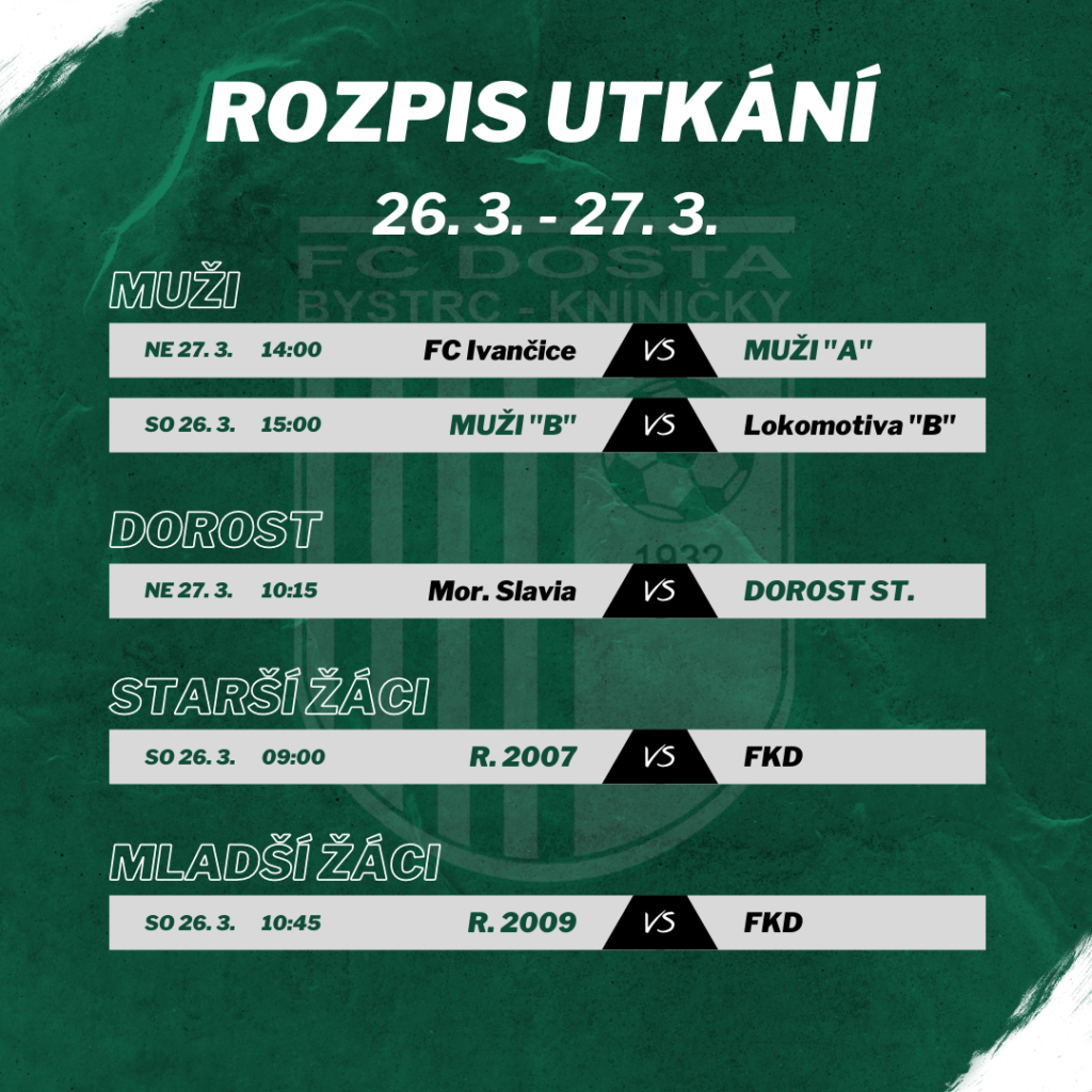 FC Dosta Bystrc - Kníničky Zápasový program 26. 3. - 27. 3. Novinky, Oznámení