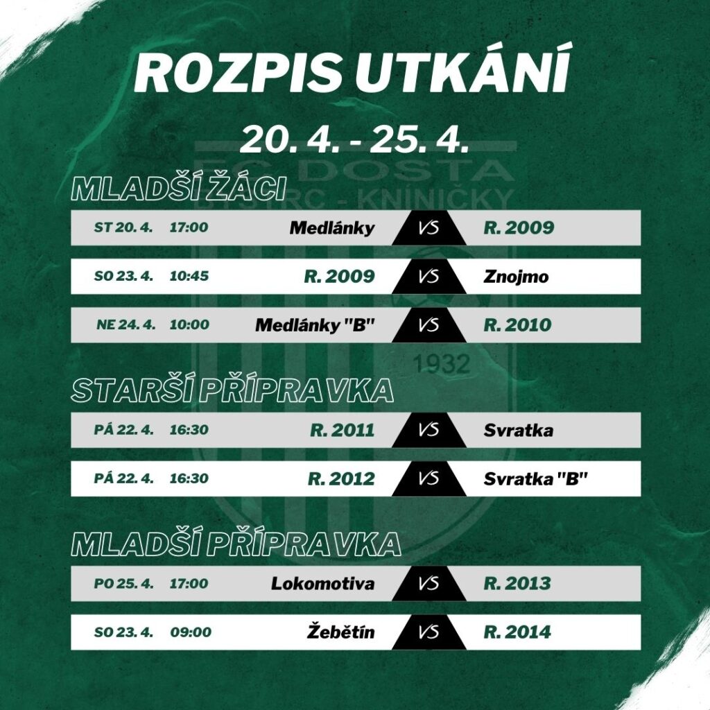 FC Dosta Bystrc - Kníničky Zápasový program 20. 4. – 25. 4. Novinky, Oznámení