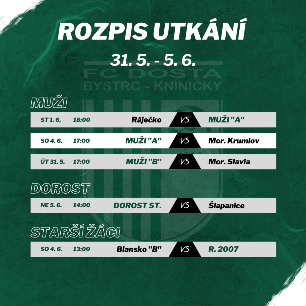 FC Dosta Bystrc - Kníničky Zápasový program 31. 5. – 5. 6. Novinky