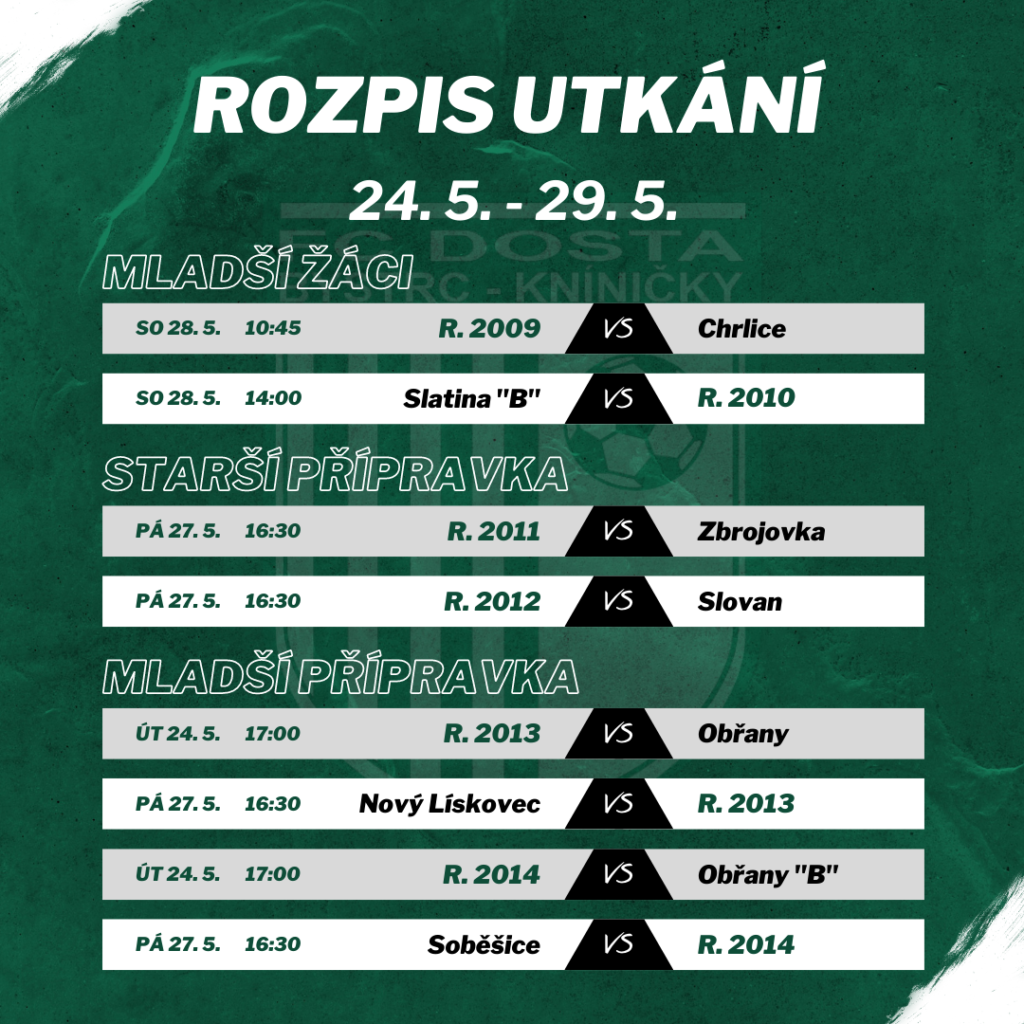 FC Dosta Bystrc - Kníničky Zápasový program 24. 5. – 29. 5. Novinky, Oznámení