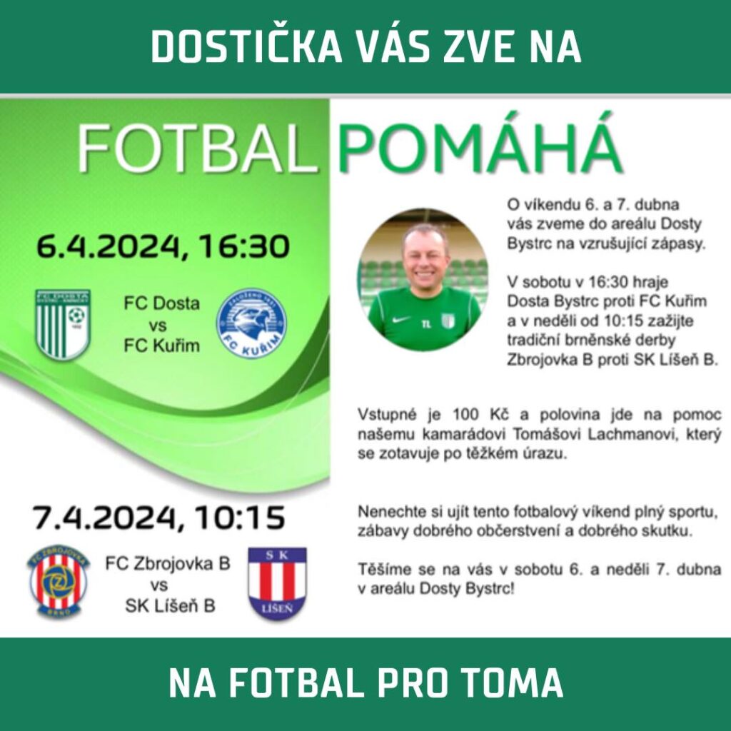 FC Dosta Bystrc - Kníničky Fotbal pomáhá 6.-7.4. Novinky, Oznámení